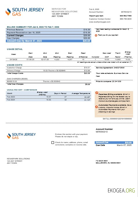 Modèle de facture de services publics des États Unis New Jersey South Jersey Gas aux formats Word et PDF